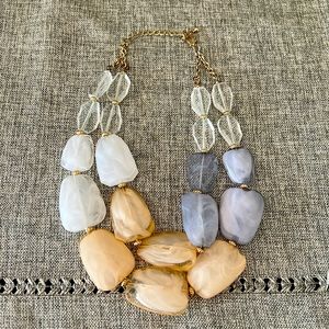 White, tan and blue beaded necklace